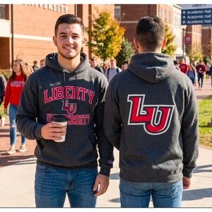Champion Liberty University LU Flames Hoodie Mens Large Charcoal Gray Sweatshirt